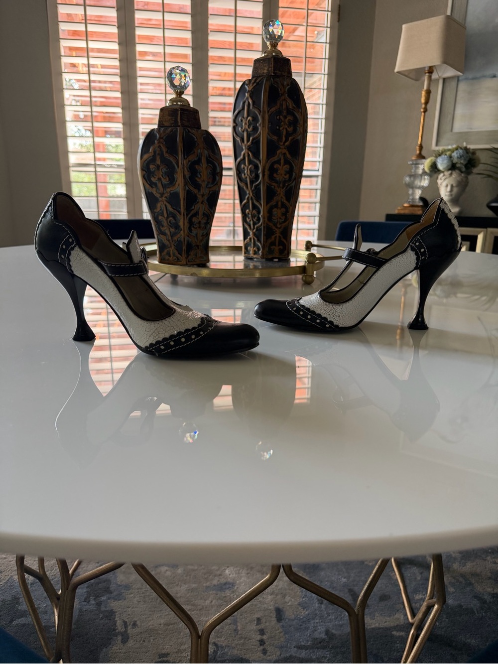 John Fluevog Black and White Two-Tone T-Strap Heels